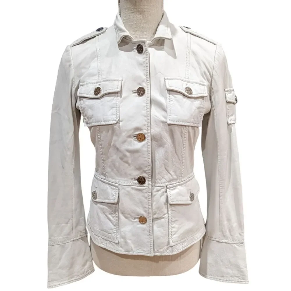 Tory Burch Women's Genuine Leather Utility Military Jacket in White Size 2